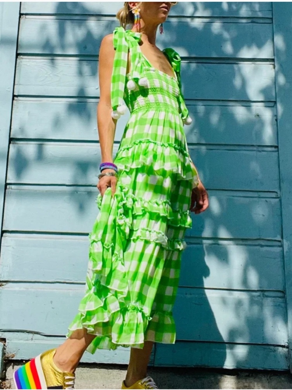 Green Buffalo Check (Gingham) Maxi Dress with Pink Pom Poms - Size XS/S